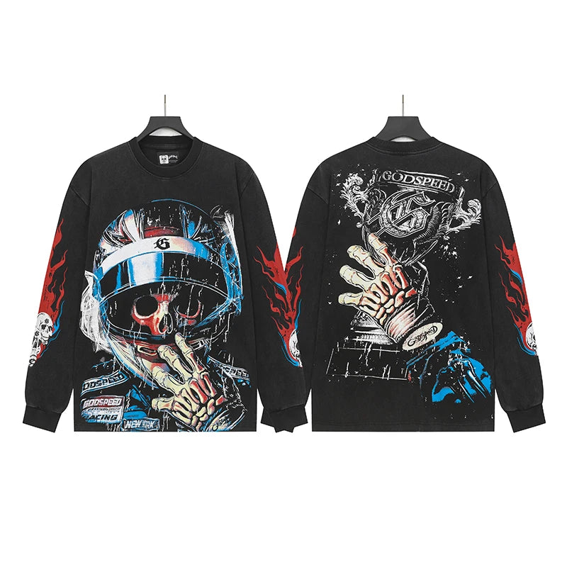 Vintage Washed Godspeed Long-sleeved T-shirts Rock Roll Tee Skull Racing Driver Print Loose Streetwear Tops Men Women