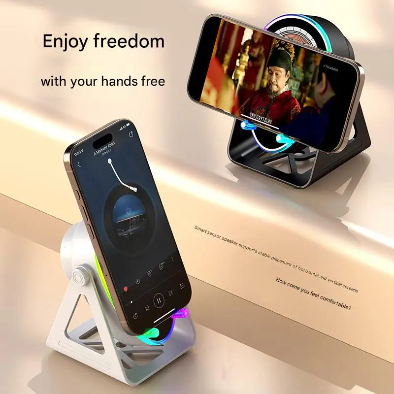 Wireless charging speaker phone holder: 15 watt fast charging, Bluetooth 5.3, ambient light suitable for all phones