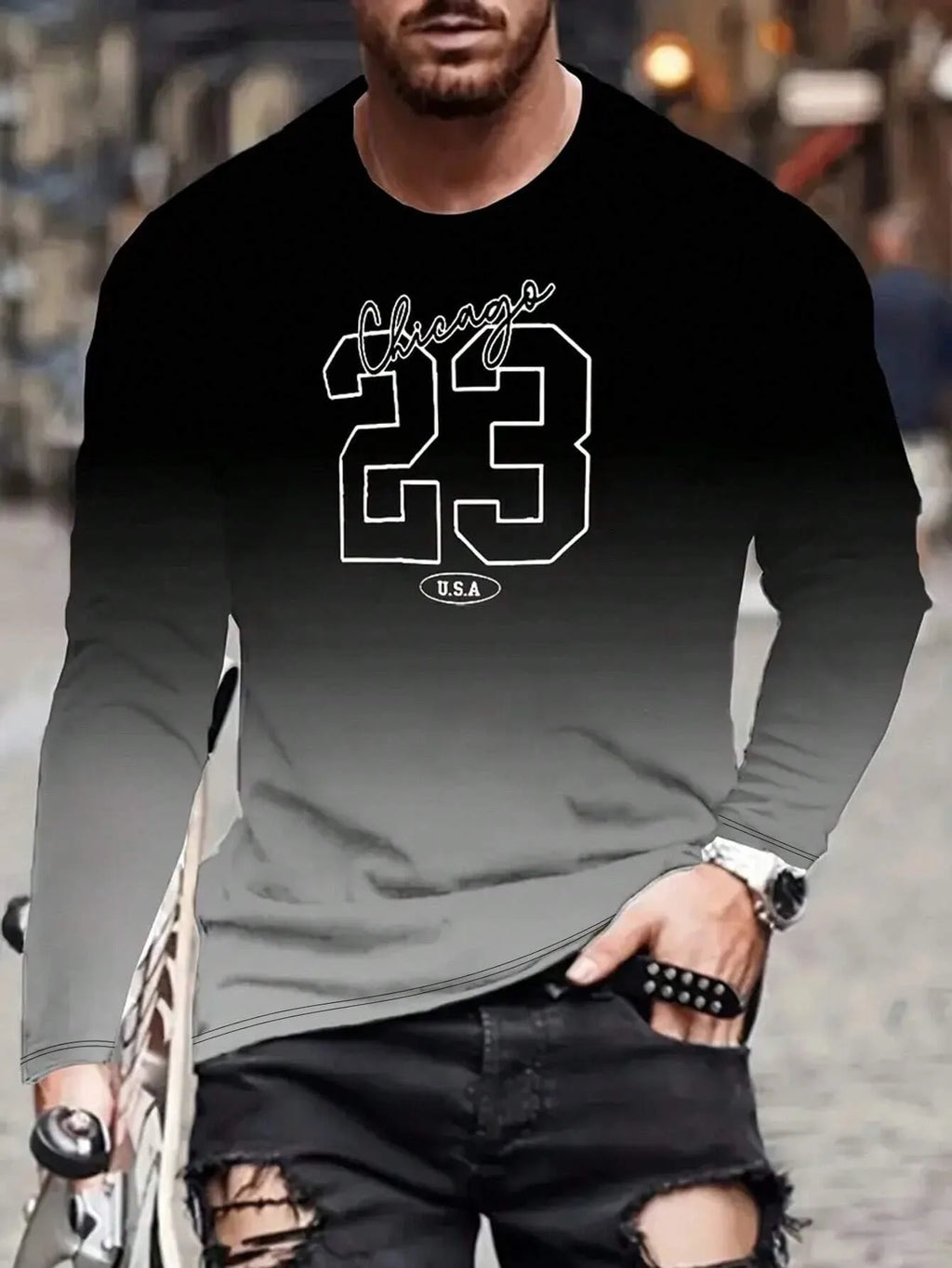 The new men's long-sleeved T-shirt for Spring and Autumn 2025 features a casual and comfortable 3D letter print on the street