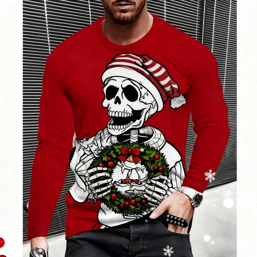 New Christmas Style Skull Graphic T Shirt For Men Funny Printed Long Sleeve Tees Trendy Men's Clothing Spring Autumn Casual Tops