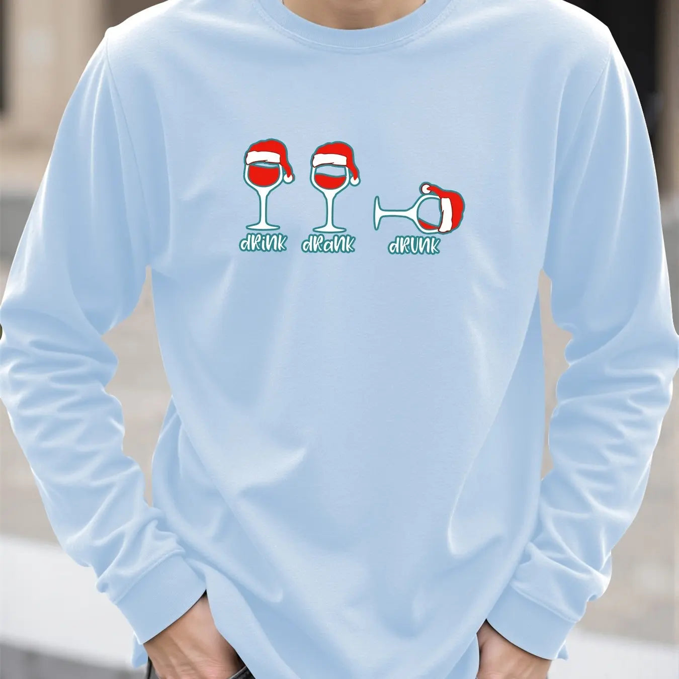 Christmas Wine Glass Print Men's T-shirt Spring Autumn Casual O-neck Loose Long Sleeve Tops Fashion New Year X'mas Clothing Tees