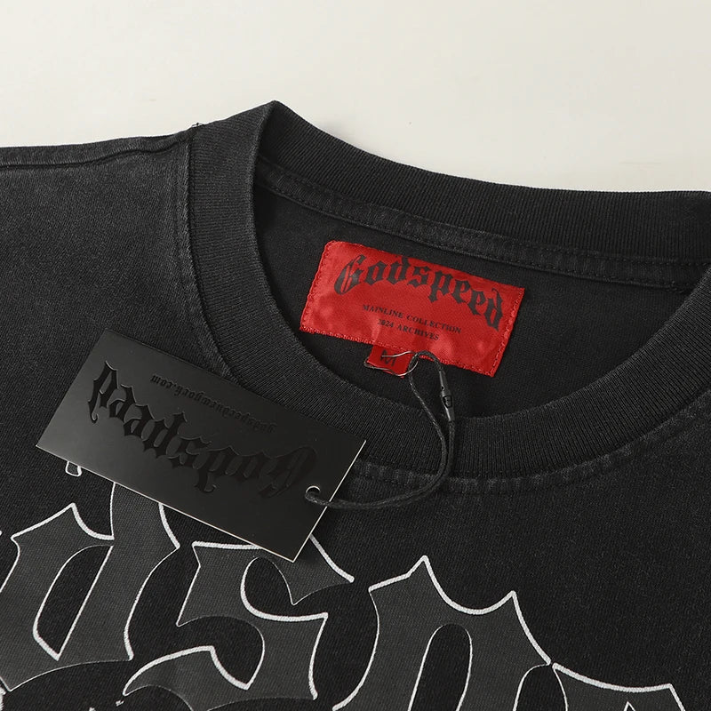 American Streetwear Godspeed Long Sleeve Graffiti Skeleton Print Casual Trend Washed 100% Cotton Round Neck T-Shirt
