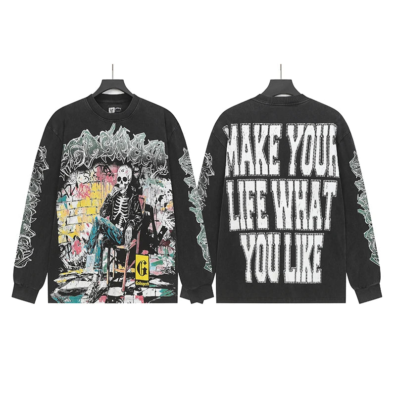 New Style Godspeed T-Shirt American Street Hip-hop Style Rock Vintage Skull Print Washed Do Old Loose Long Sleeve T-Shirt