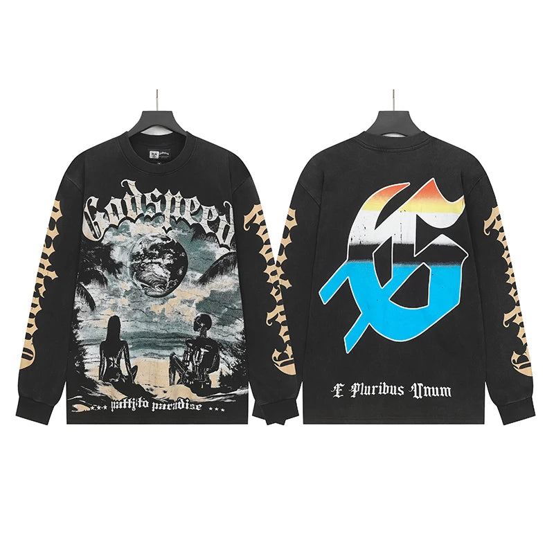 New Style Godspeed T-Shirt American Street Hip-hop Style Rock Vintage Skull Print Washed Do Old Loose Long Sleeve T-Shirt