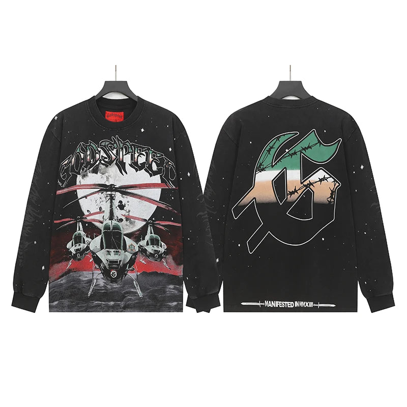 New Style Godspeed T-Shirt American Street Hip-hop Style Rock Vintage Skull Print Washed Do Old Loose Long Sleeve T-Shirt