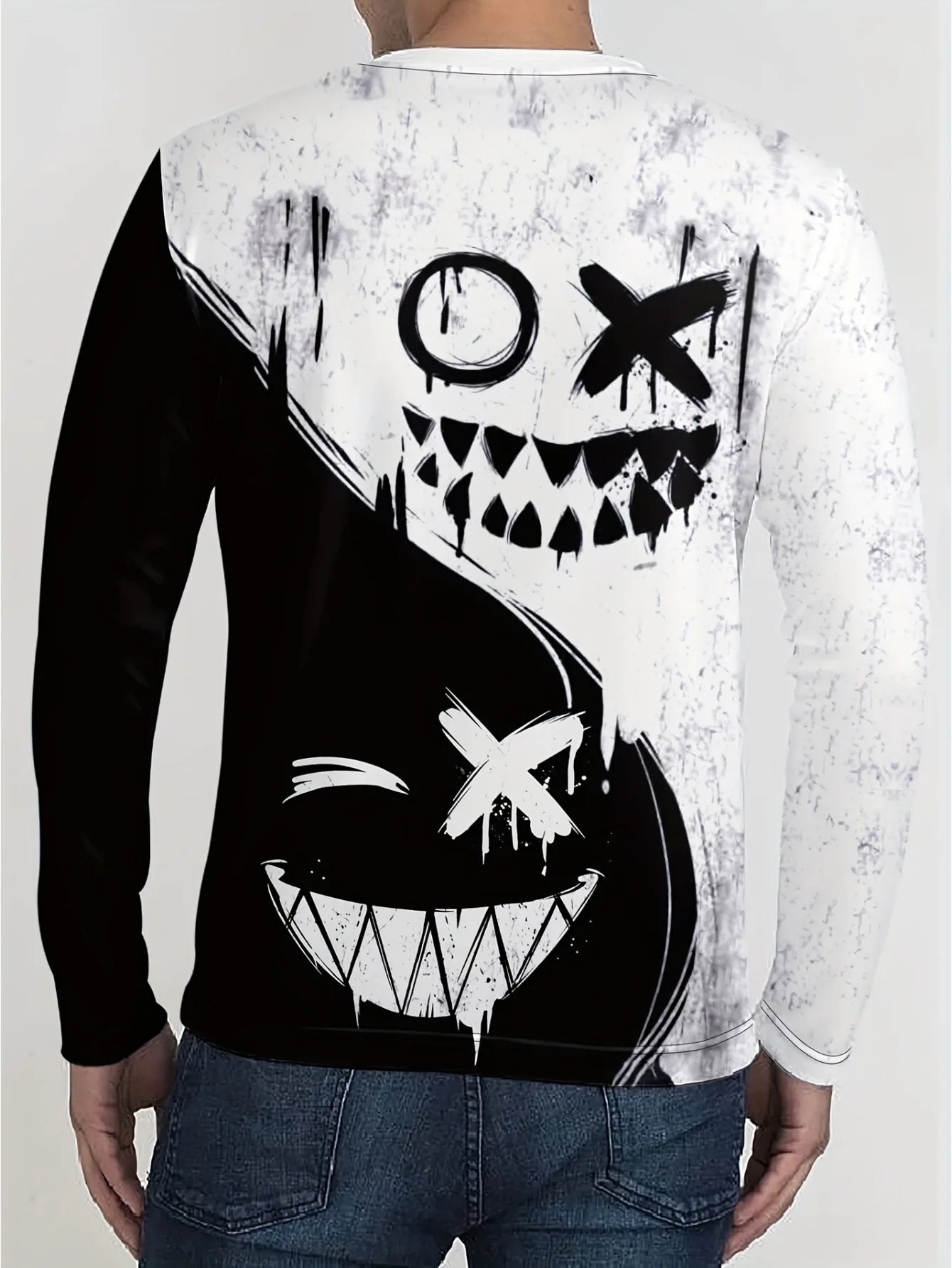 New men's long-sleeved T-shirt for Spring and Autumn 2025 casual roller skating smiling face print street men's wear