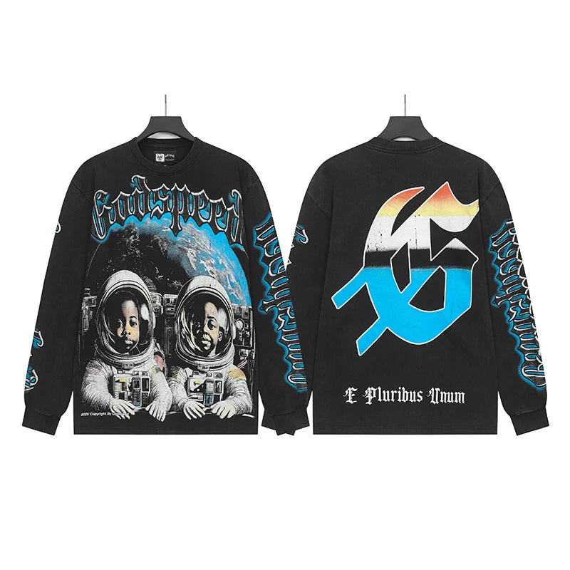 New Style Godspeed T-Shirt American Street Hip-hop Style Rock Vintage Skull Print Washed Do Old Loose Long Sleeve T-Shirt