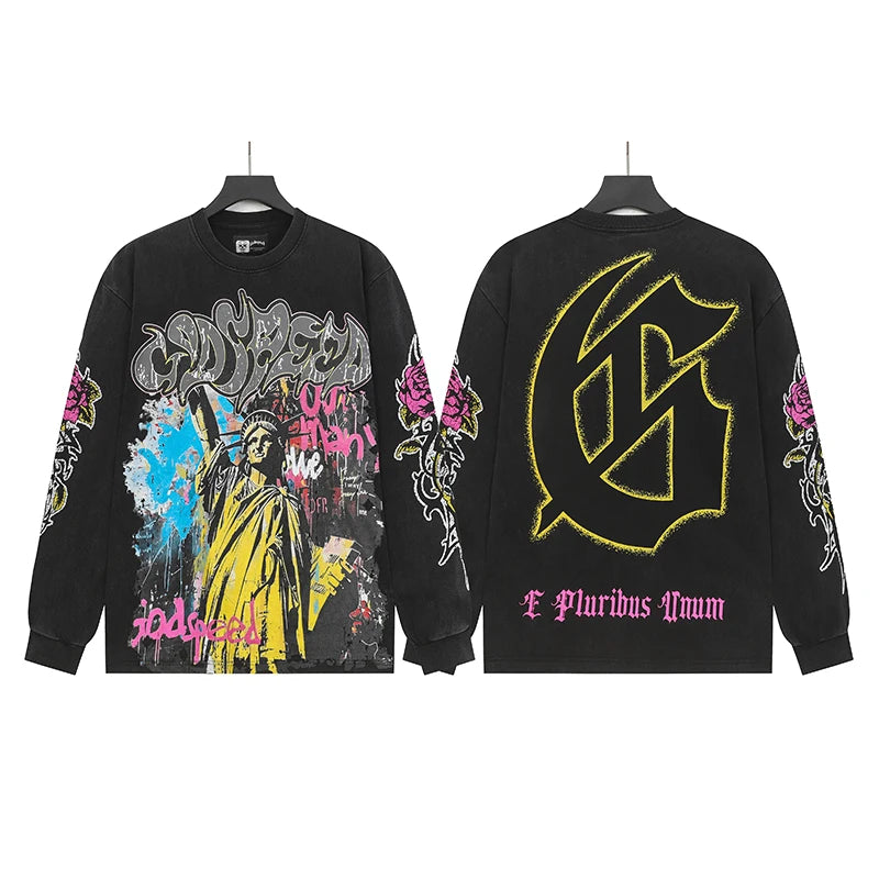 New Style Godspeed T-Shirt American Street Hip-hop Style Rock Vintage Skull Print Washed Do Old Loose Long Sleeve T-Shirt