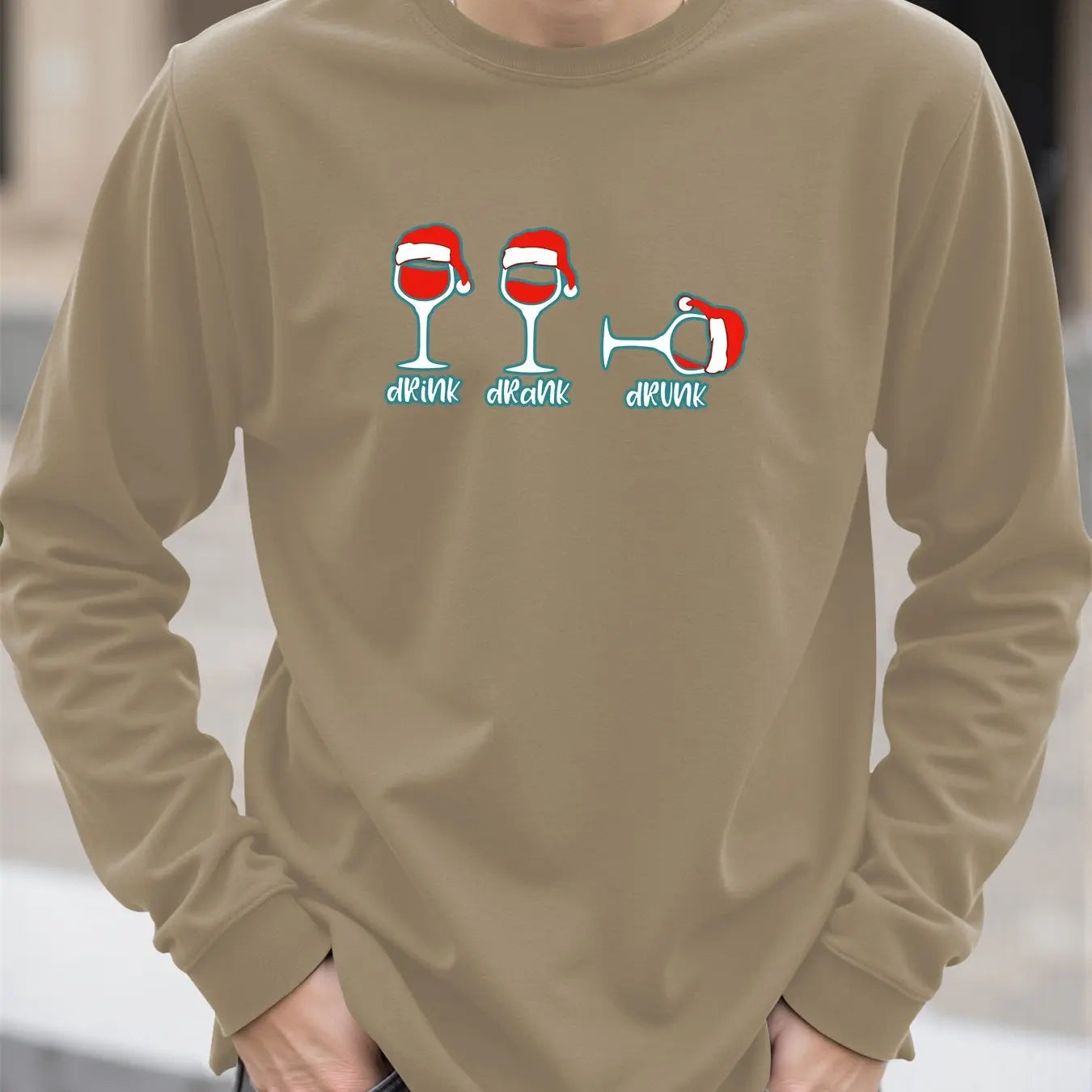 Christmas Wine Glass Print Men's T-shirt Spring Autumn Casual O-neck Loose Long Sleeve Tops Fashion New Year X'mas Clothing Tees