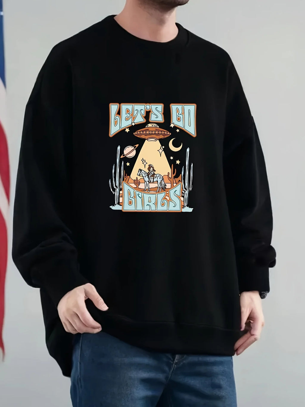 Men'S Sweatshirt with Let'S Go Friends Cactus UFO Print Casual Crew Neck Pullover Long Sleeve Loose Fit for Fall Winter