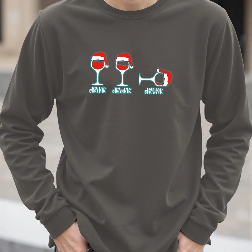 Christmas Wine Glass Print Men's T-shirt Spring Autumn Casual O-neck Loose Long Sleeve Tops Fashion New Year X'mas Clothing Tees