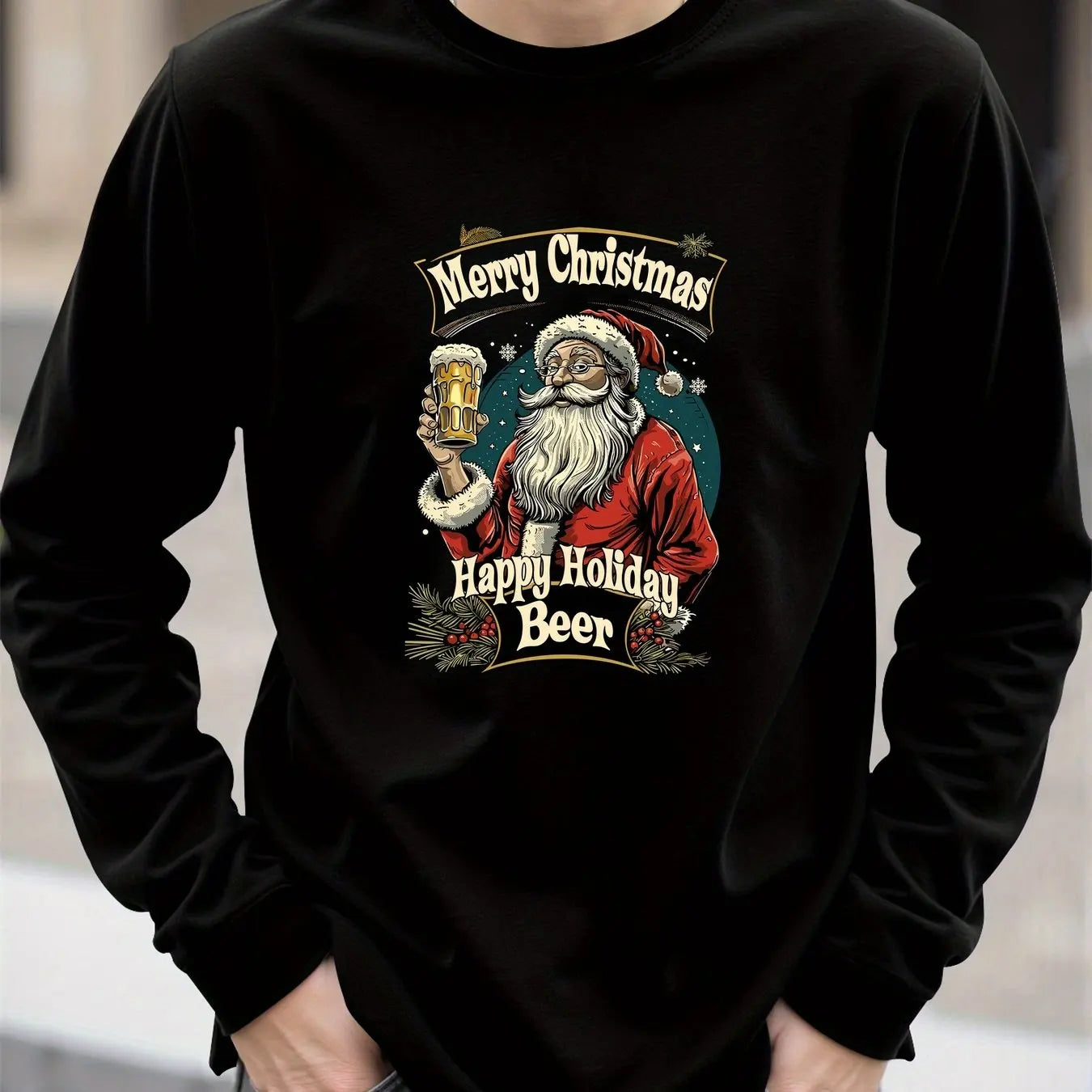 Santa Claus Pattern Men's Long Sleeve T-shirt Funny Christmas Tree Print Loose Tops Autumn Fashion X'mas Tees New Year Clothing