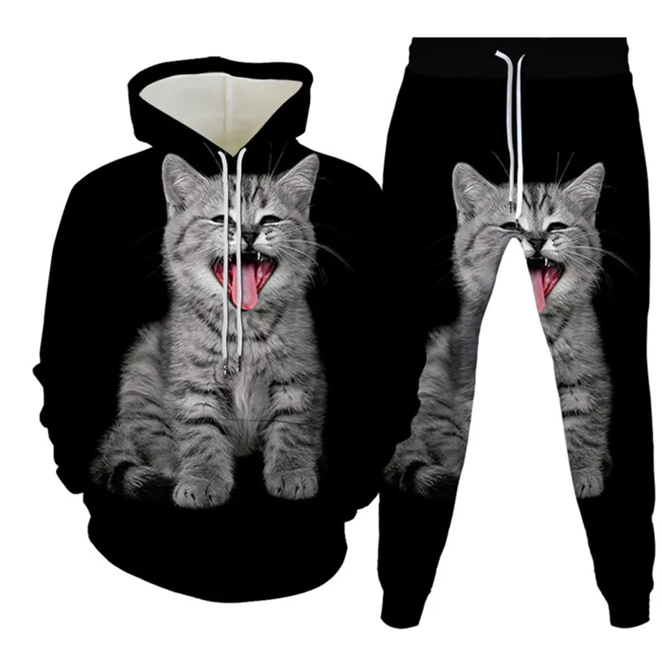 Autumn Funny Animal Cat 3D Printed Hoodie Suit Men Sweatshirts Sweatpants Fashion Casual Two Piece Tracksuit Set Man Clothing