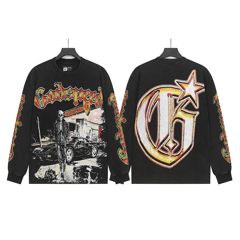 New Style Godspeed T-Shirt American Street Hip-hop Style Rock Vintage Skull Print Washed Do Old Loose Long Sleeve T-Shirt
