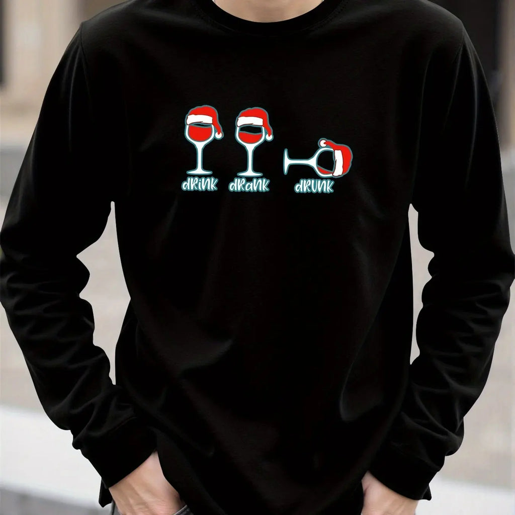 Christmas Wine Glass Print Men's T-shirt Spring Autumn Casual O-neck Loose Long Sleeve Tops Fashion New Year X'mas Clothing Tees