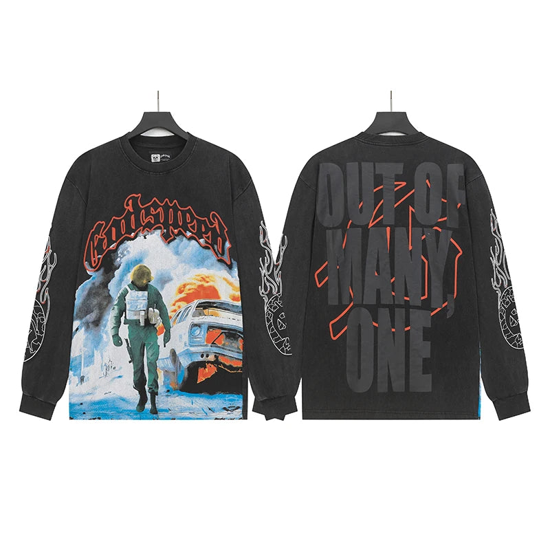 American Streetwear Godspeed Long Sleeve Graffiti Skeleton Print Casual Trend Washed 100% Cotton Round Neck T-Shirt