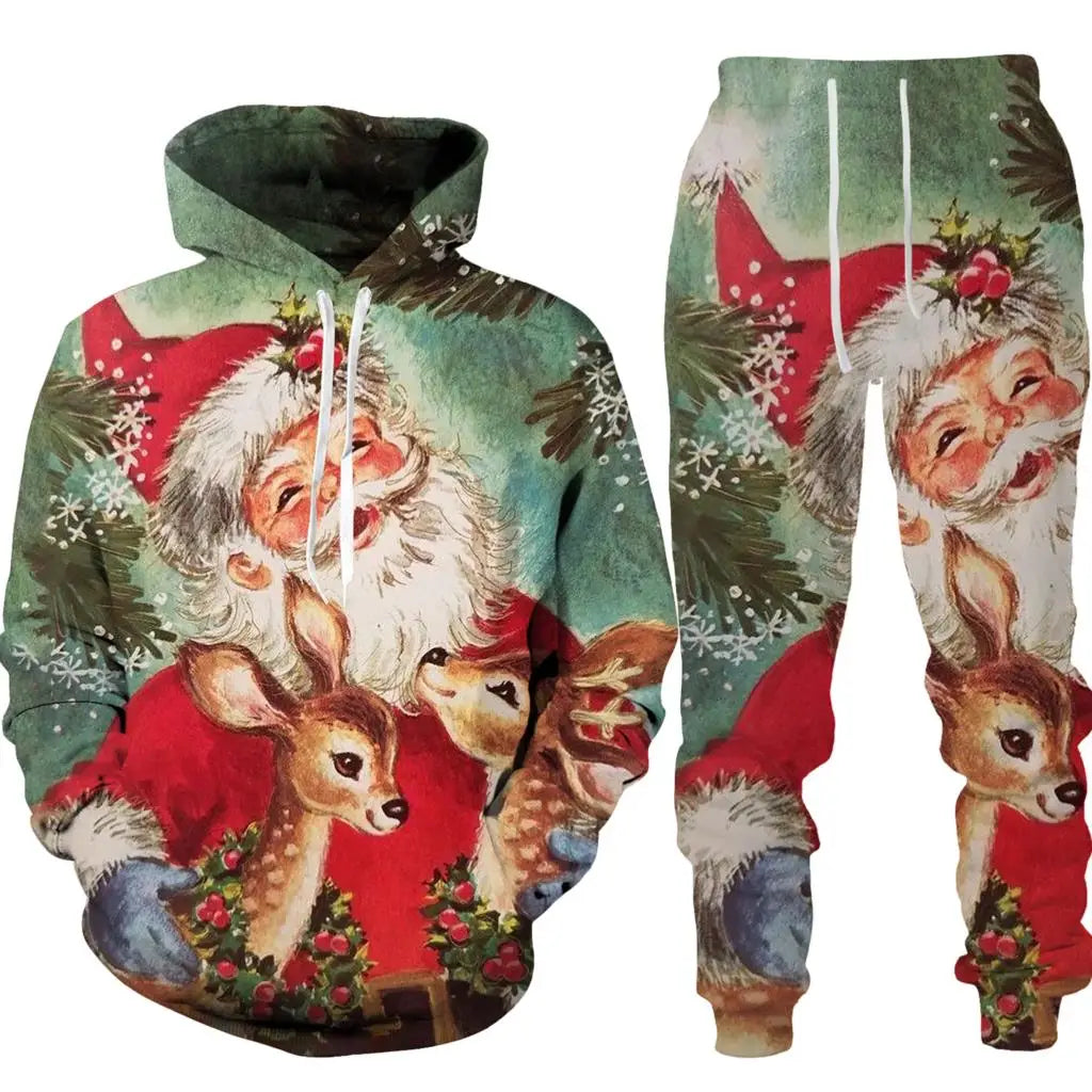 Autumn Winter Santa Clause Graphic Hoodies Sets 3D Print Funny Men's Women's 2-Piece Set Fashion Casual Unisex Christmas Clothes