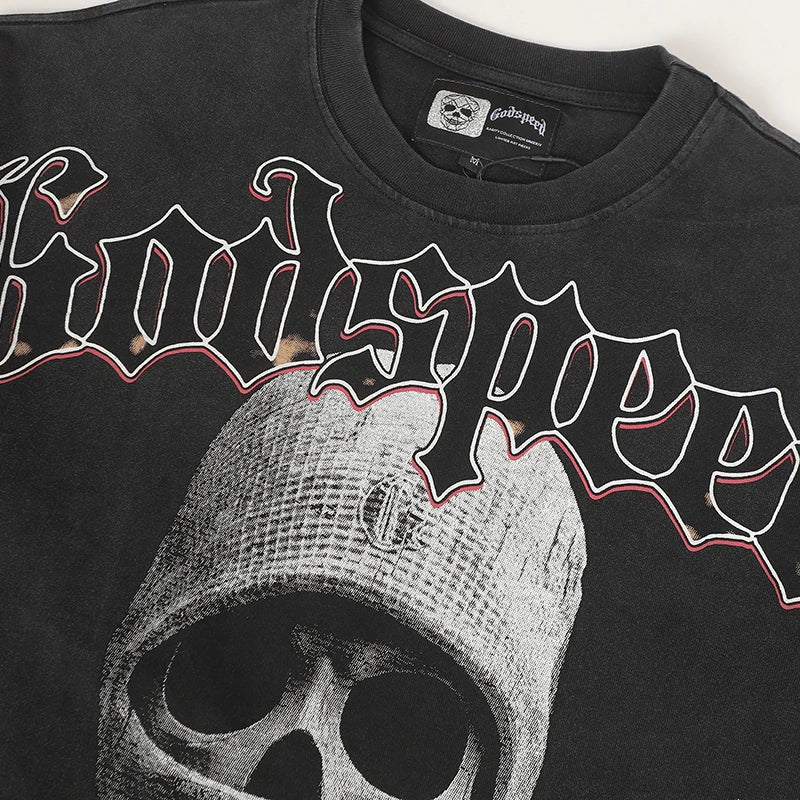New Style Godspeed T-Shirt American Street Hip-hop Style Rock Vintage Skull Print Washed Do Old Loose Long Sleeve T-Shirt