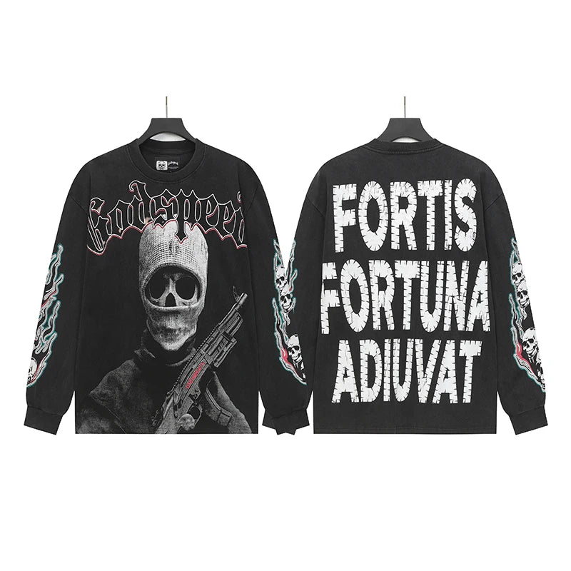 New Style Godspeed T-Shirt American Street Hip-hop Style Rock Vintage Skull Print Washed Do Old Loose Long Sleeve T-Shirt