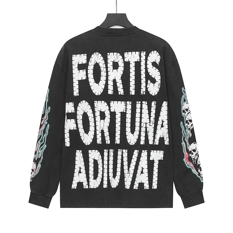 New Style Godspeed T-Shirt American Street Hip-hop Style Rock Vintage Skull Print Washed Do Old Loose Long Sleeve T-Shirt