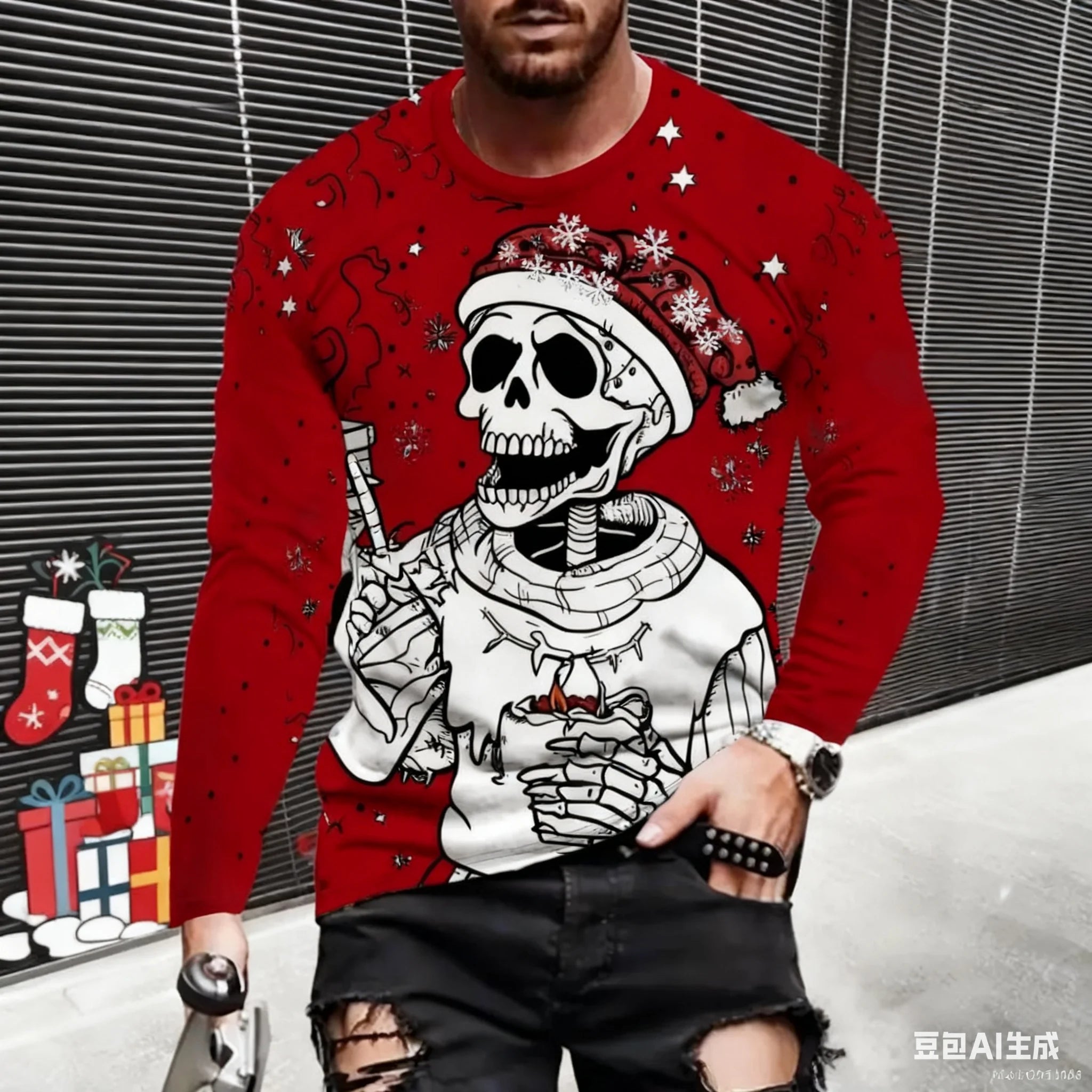 New Christmas Style Skull Graphic T Shirt For Men Funny Printed Long Sleeve Tees Trendy Men's Clothing Spring Autumn Casual Tops