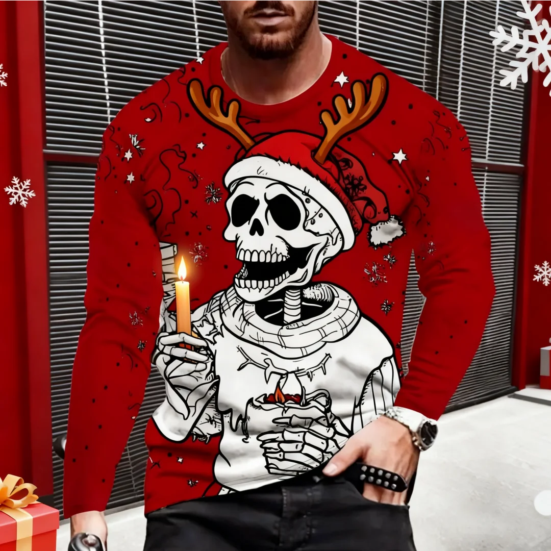 New Christmas Style Skull Graphic T Shirt For Men Funny Printed Long Sleeve Tees Trendy Men's Clothing Spring Autumn Casual Tops
