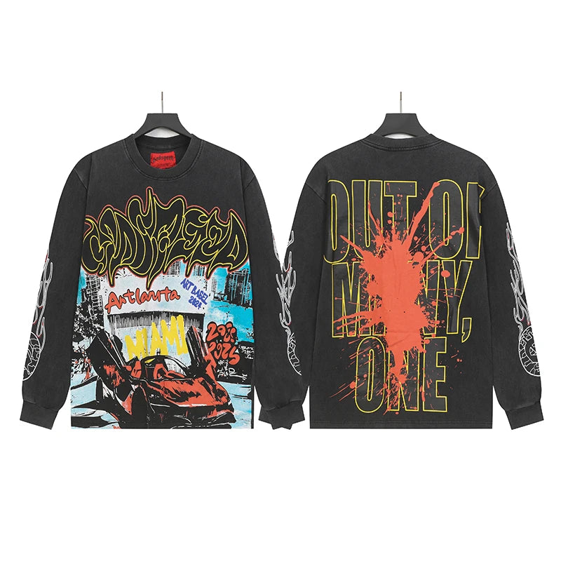 American Streetwear Godspeed Long Sleeve Graffiti Skeleton Print Casual Trend Washed 100% Cotton Round Neck T-Shirt