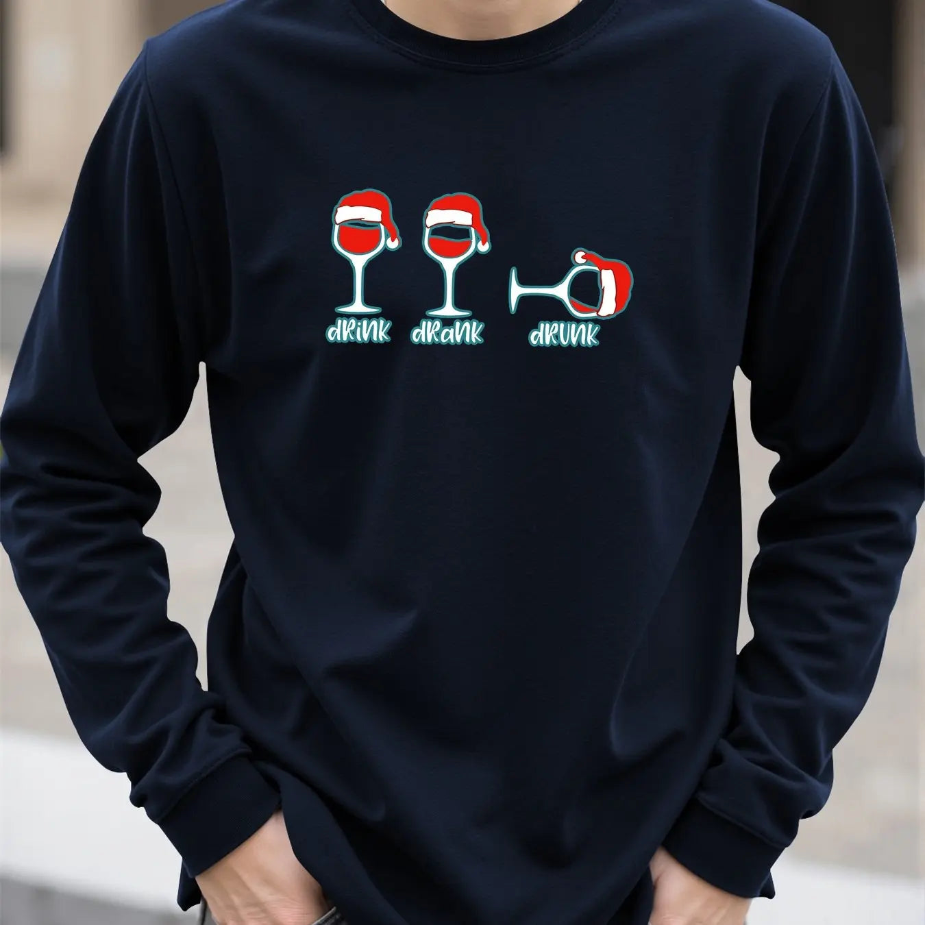 Christmas Wine Glass Print Men's T-shirt Spring Autumn Casual O-neck Loose Long Sleeve Tops Fashion New Year X'mas Clothing Tees
