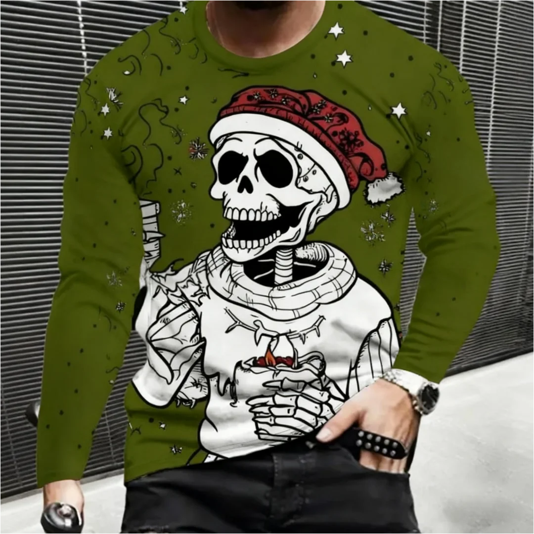 New Christmas Style Skull Graphic T Shirt For Men Funny Printed Long Sleeve Tees Trendy Men's Clothing Spring Autumn Casual Tops
