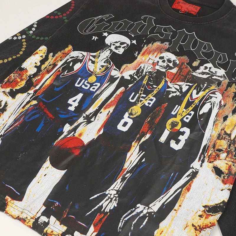 American Streetwear Godspeed Long Sleeve Graffiti Skeleton Print Casual Trend Washed 100% Cotton Round Neck T-Shirt