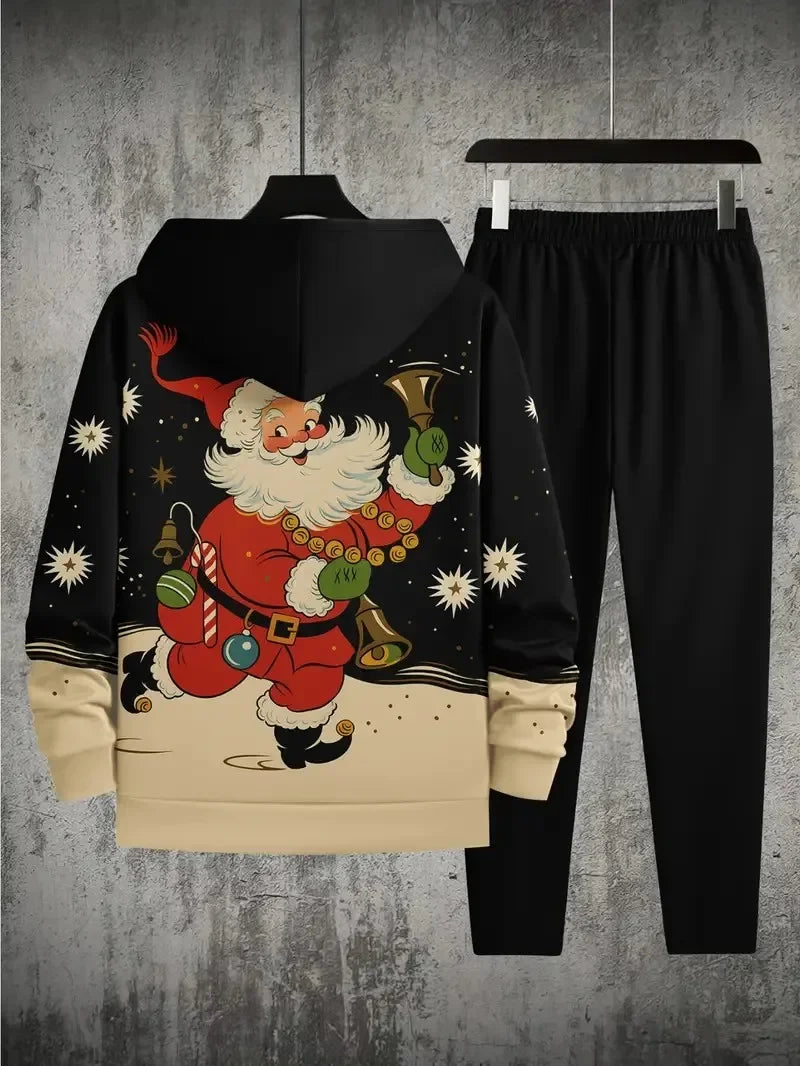 Fashion Christmas Santa Claus Men's Hoodie Set Autumn and Winter Casual Hoodie Pants 2-piece Set Outdoor Loose Sport Holiday Set