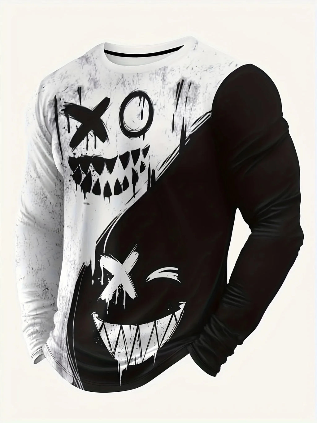 New men's long-sleeved T-shirt for Spring and Autumn 2025 casual roller skating smiling face print street men's wear