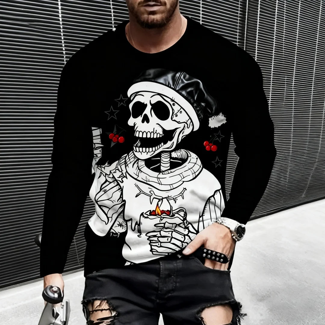 New Christmas Style Skull Graphic T Shirt For Men Funny Printed Long Sleeve Tees Trendy Men's Clothing Spring Autumn Casual Tops