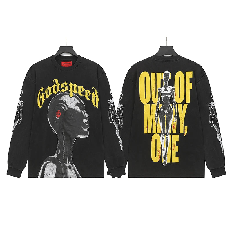 American Streetwear Godspeed Long Sleeve Graffiti Skeleton Print Casual Trend Washed 100% Cotton Round Neck T-Shirt