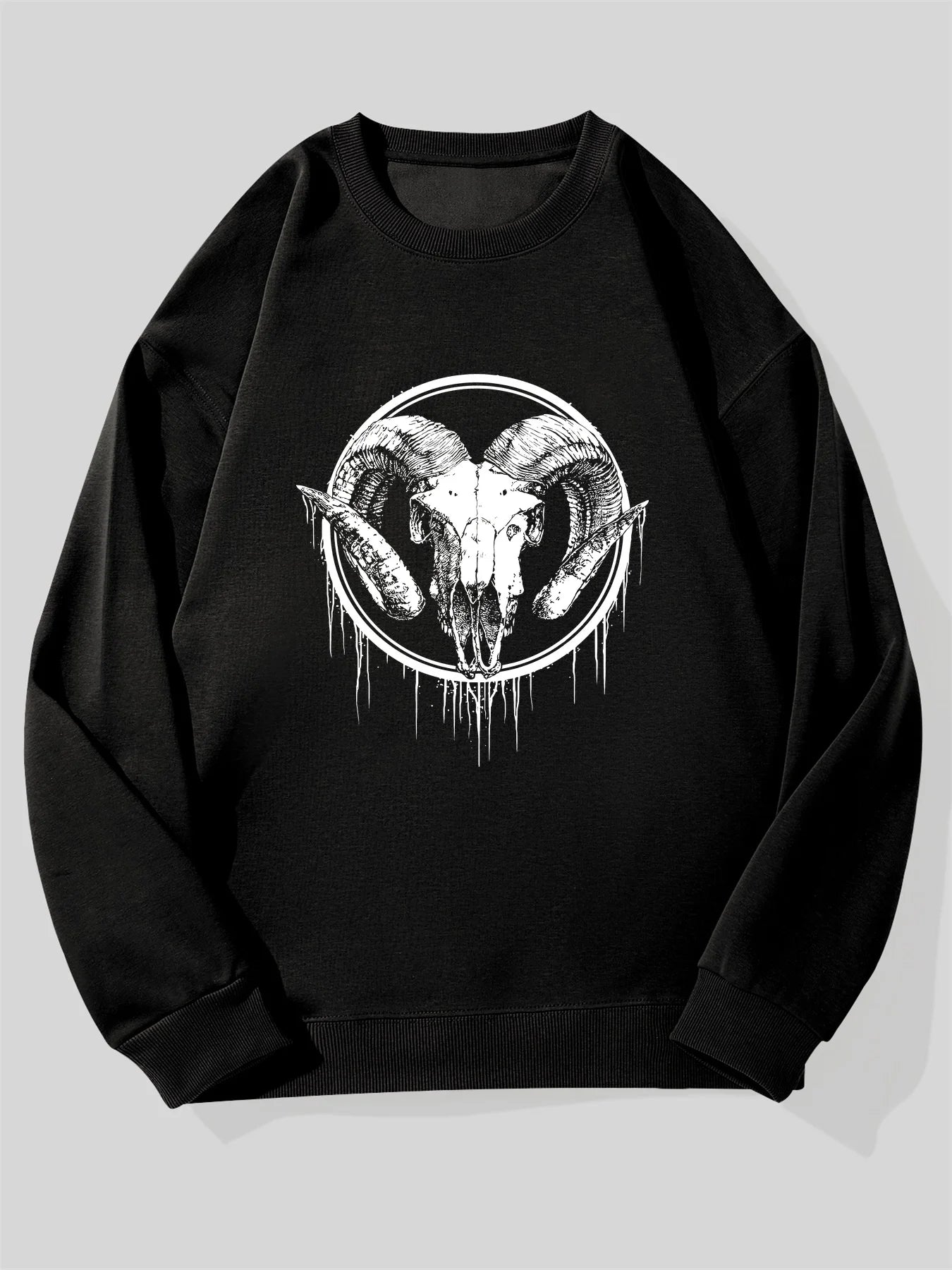 Men's Gothic Ram Head Horns Graphic Sweatshirt Pullover Dark Navy Blue with White Ram Skull Statement Gothic Style Sweater