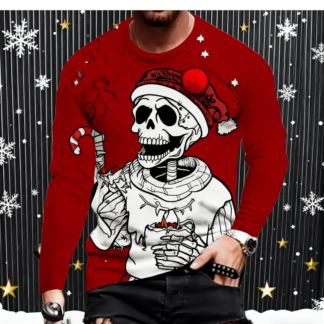 New Christmas Style Skull Graphic T Shirt For Men Funny Printed Long Sleeve Tees Trendy Men's Clothing Spring Autumn Casual Tops