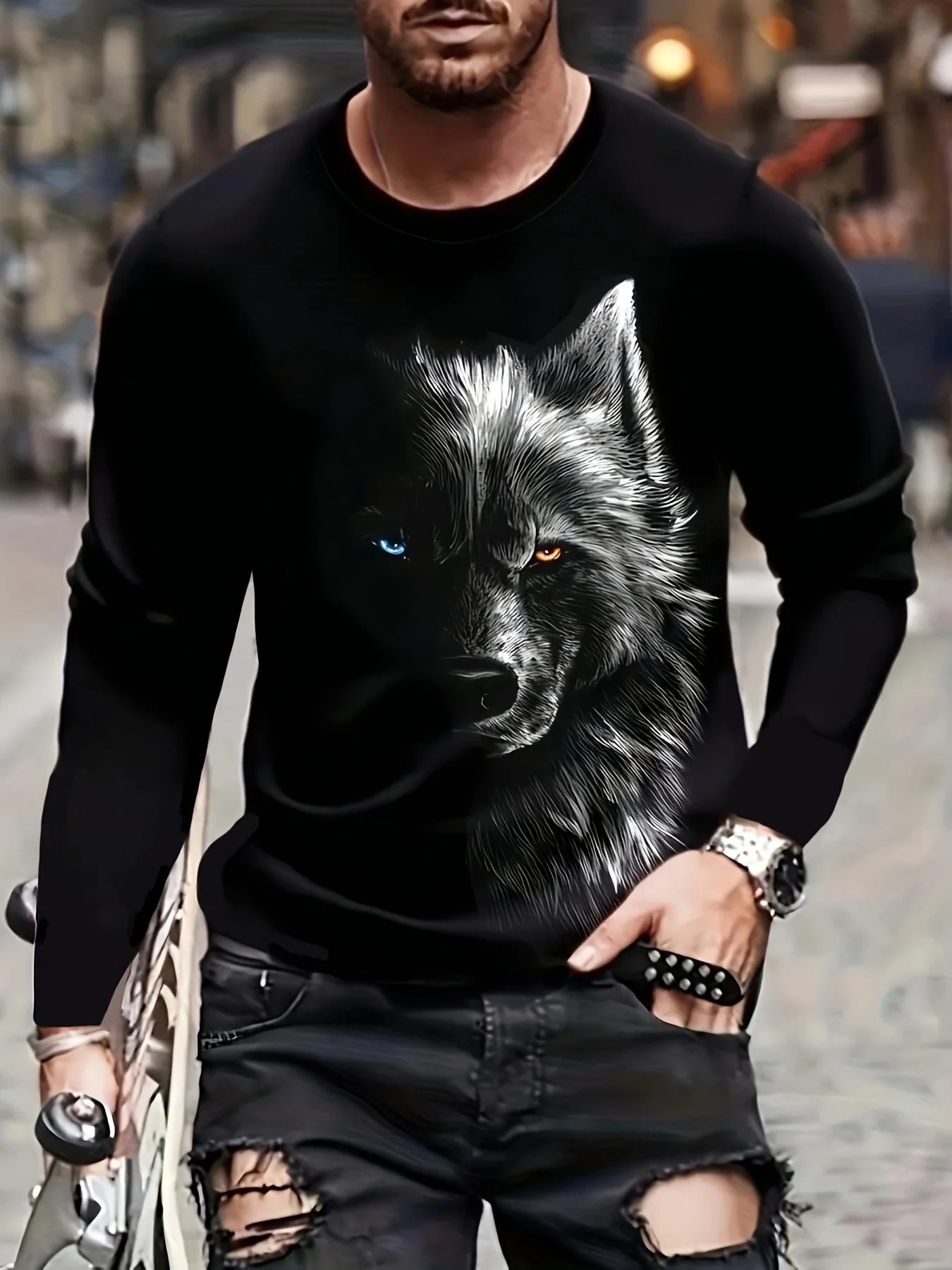 Fierce Wolf Print T-shirt Simple All-match Round Neck Long Sleeve Top Comfortable and Breathable for Daily Travel