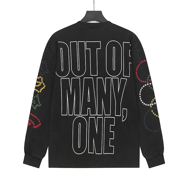 American Streetwear Godspeed Long Sleeve Graffiti Skeleton Print Casual Trend Washed 100% Cotton Round Neck T-Shirt