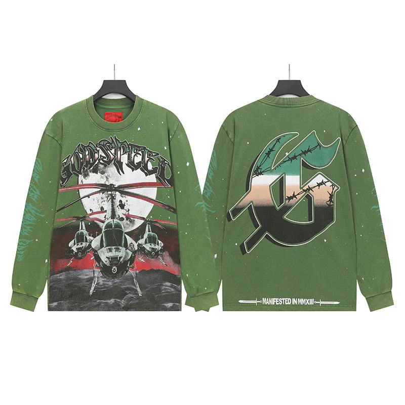 New Style Godspeed T-Shirt American Street Hip-hop Style Rock Vintage Skull Print Washed Do Old Loose Long Sleeve T-Shirt