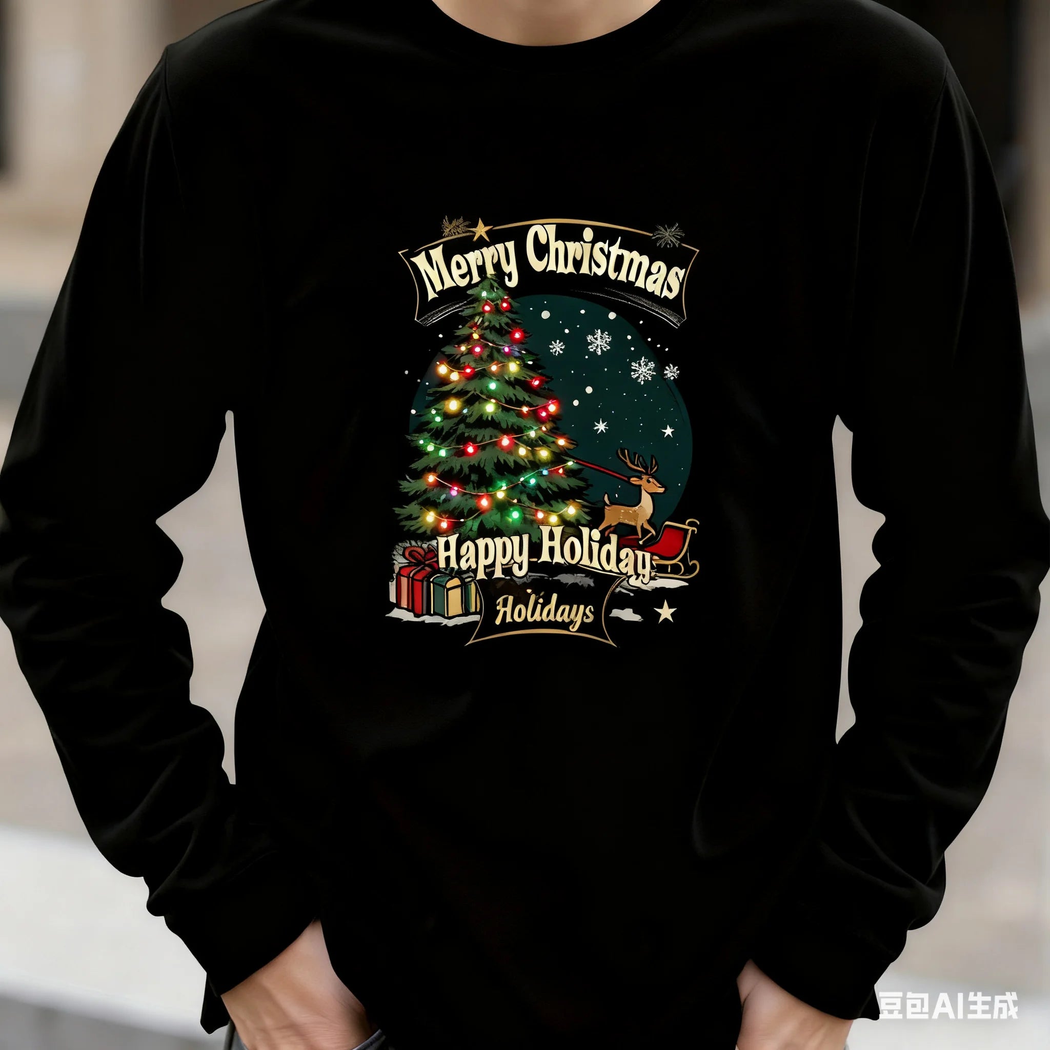 Santa Claus Pattern Men's Long Sleeve T-shirt Funny Christmas Tree Print Loose Tops Autumn Fashion X'mas Tees New Year Clothing