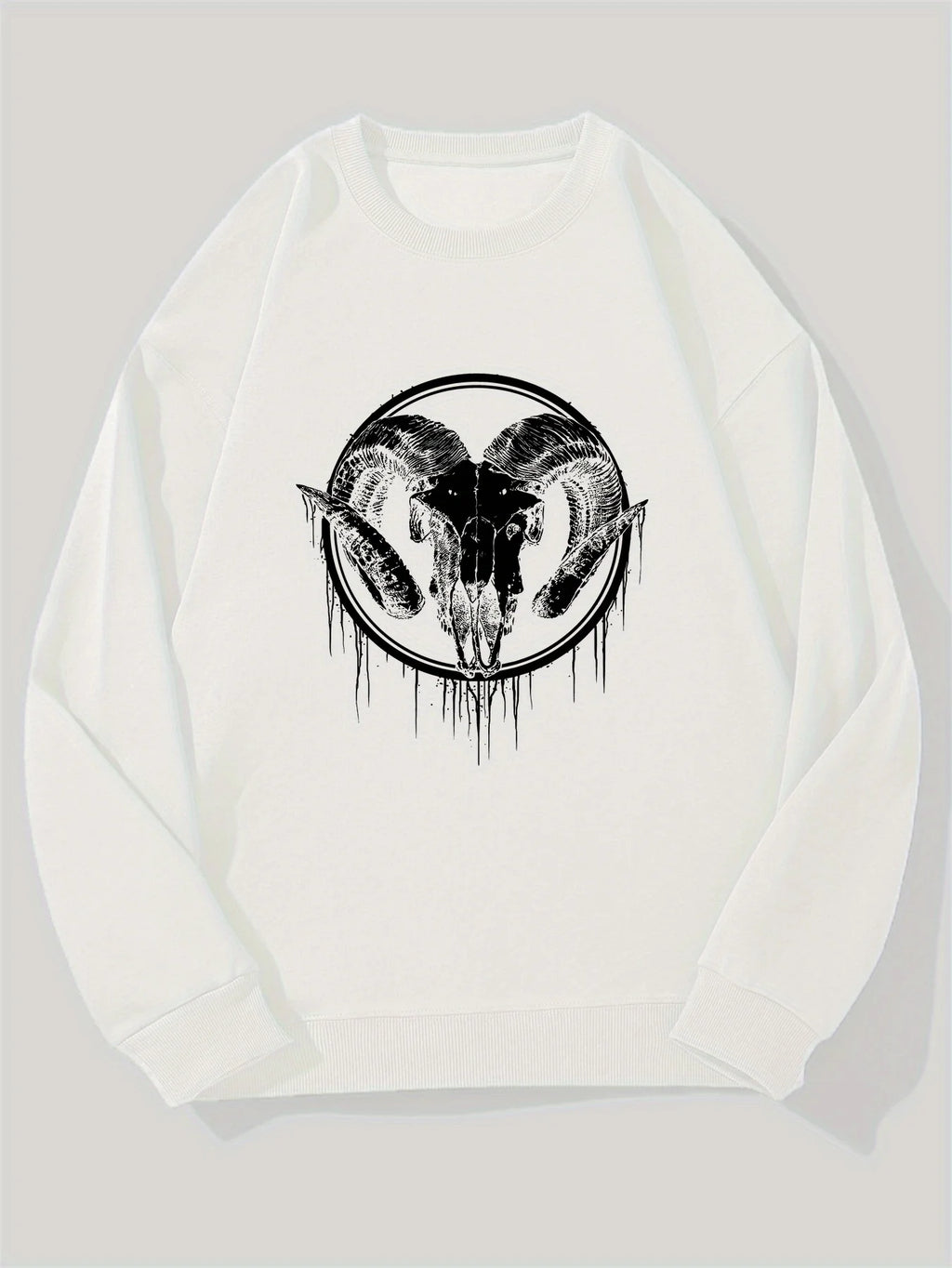 Men's Gothic Ram Head Horns Graphic Sweatshirt Pullover Dark Navy Blue with White Ram Skull Statement Gothic Style Sweater