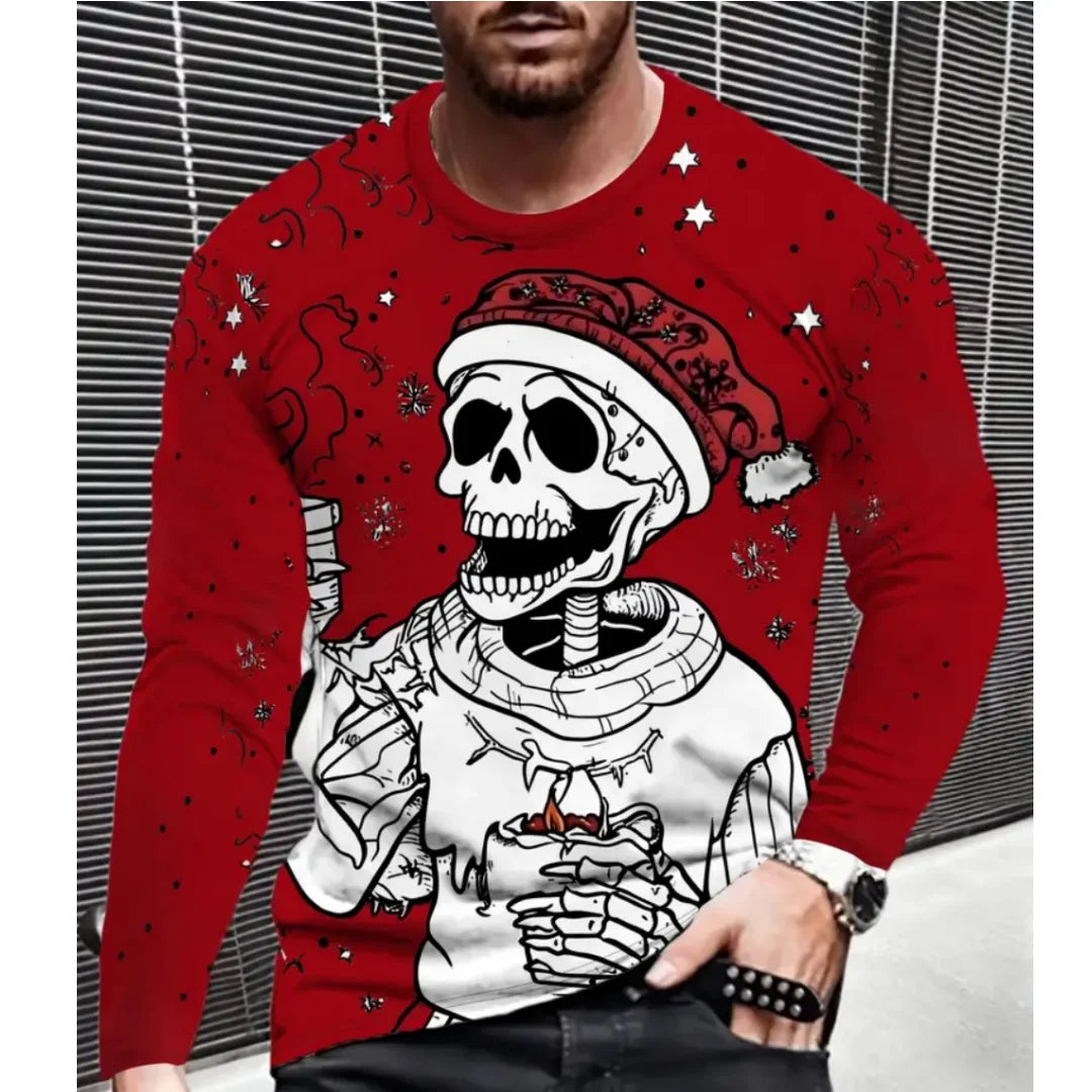New Christmas Style Skull Graphic T Shirt For Men Funny Printed Long Sleeve Tees Trendy Men's Clothing Spring Autumn Casual Tops