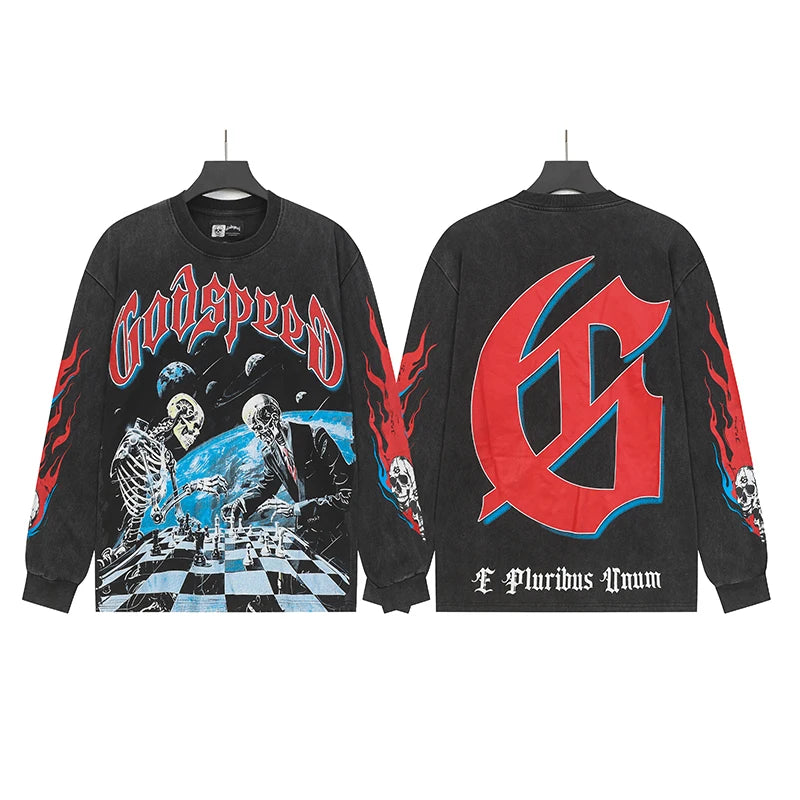 New Style Godspeed T-Shirt American Street Hip-hop Style Rock Vintage Skull Print Washed Do Old Loose Long Sleeve T-Shirt