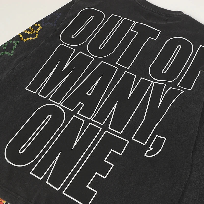 American Streetwear Godspeed Long Sleeve Graffiti Skeleton Print Casual Trend Washed 100% Cotton Round Neck T-Shirt