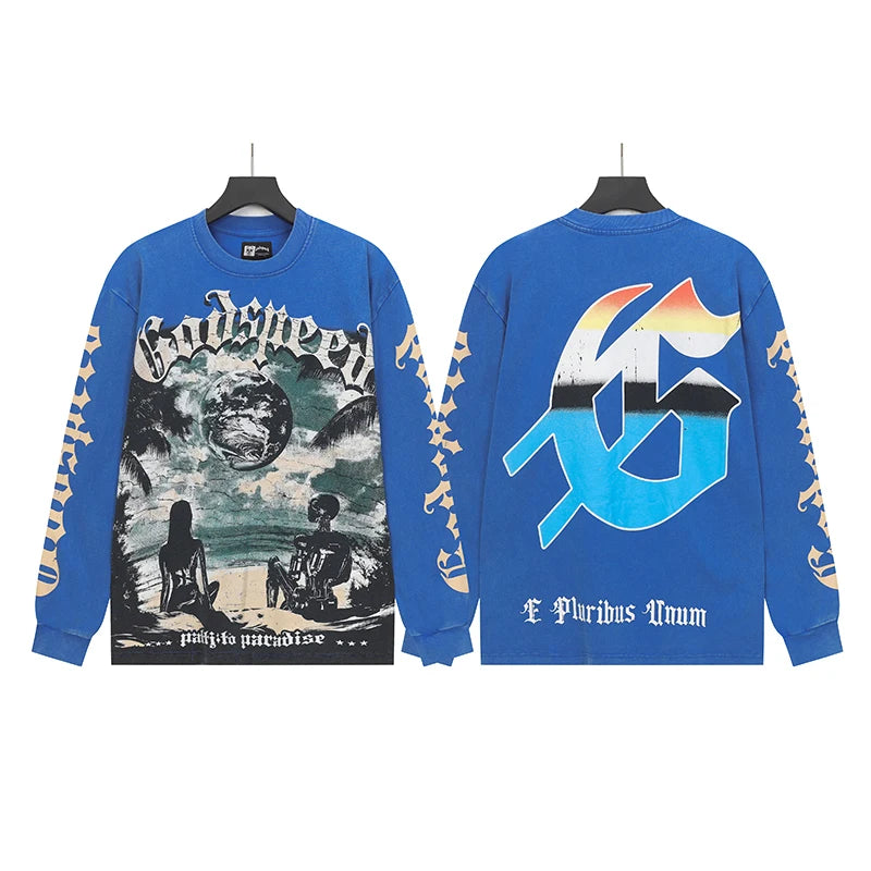 New Style Godspeed T-Shirt American Street Hip-hop Style Rock Vintage Skull Print Washed Do Old Loose Long Sleeve T-Shirt