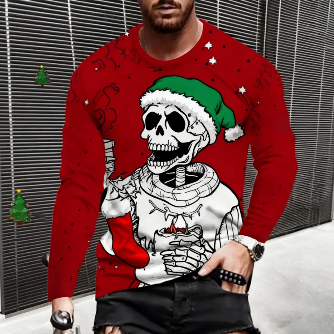 New Christmas Style Skull Graphic T Shirt For Men Funny Printed Long Sleeve Tees Trendy Men's Clothing Spring Autumn Casual Tops