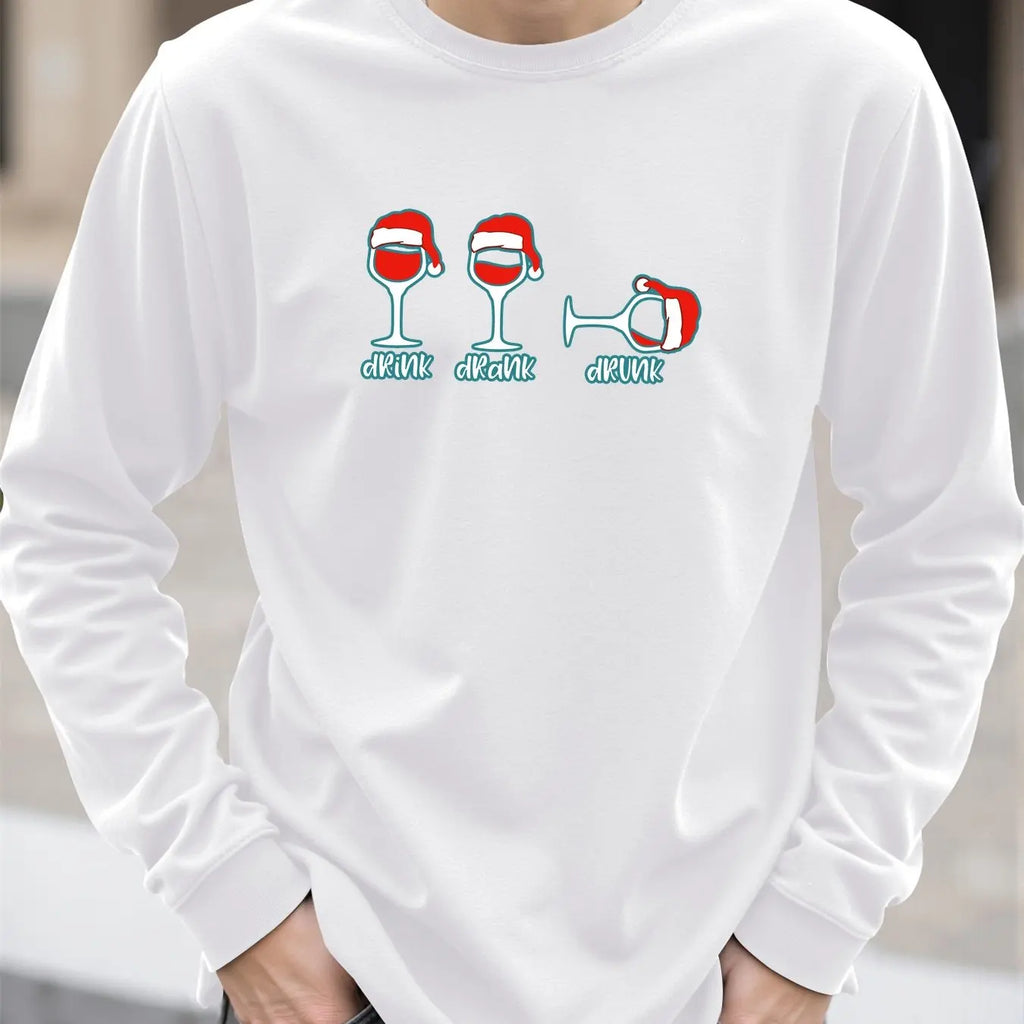 Christmas Wine Glass Print Men's T-shirt Spring Autumn Casual O-neck Loose Long Sleeve Tops Fashion New Year X'mas Clothing Tees