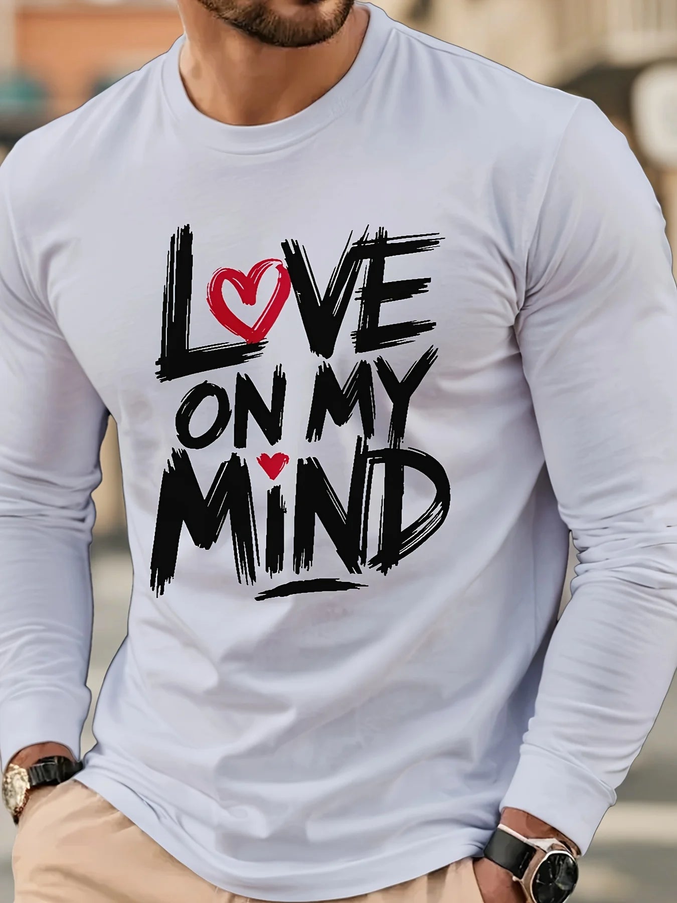 Men's Love Letter Printing Long Sleeve T-Shirt Fashion Collocation Round Neck Comfortable Breathable Top Suitable for Everyday