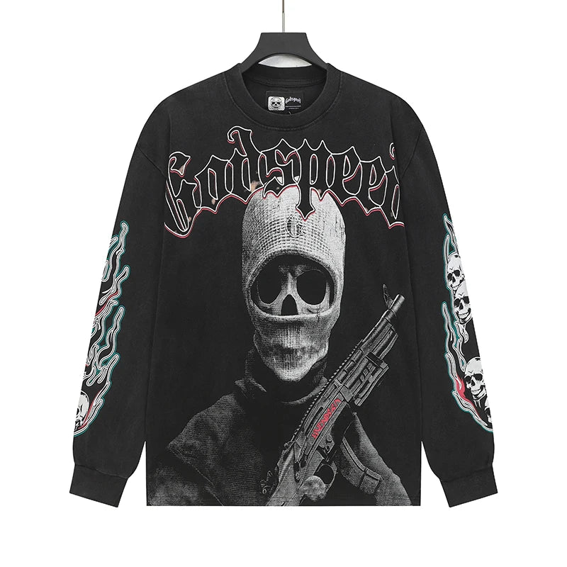 New Style Godspeed T-Shirt American Street Hip-hop Style Rock Vintage Skull Print Washed Do Old Loose Long Sleeve T-Shirt
