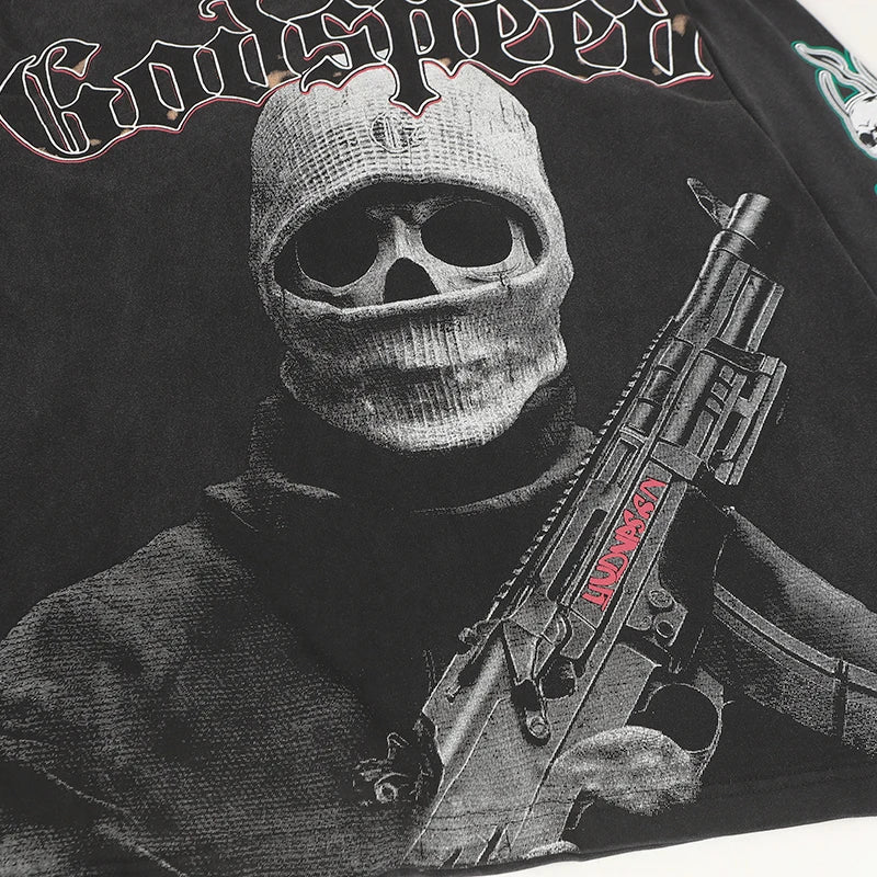 New Style Godspeed T-Shirt American Street Hip-hop Style Rock Vintage Skull Print Washed Do Old Loose Long Sleeve T-Shirt